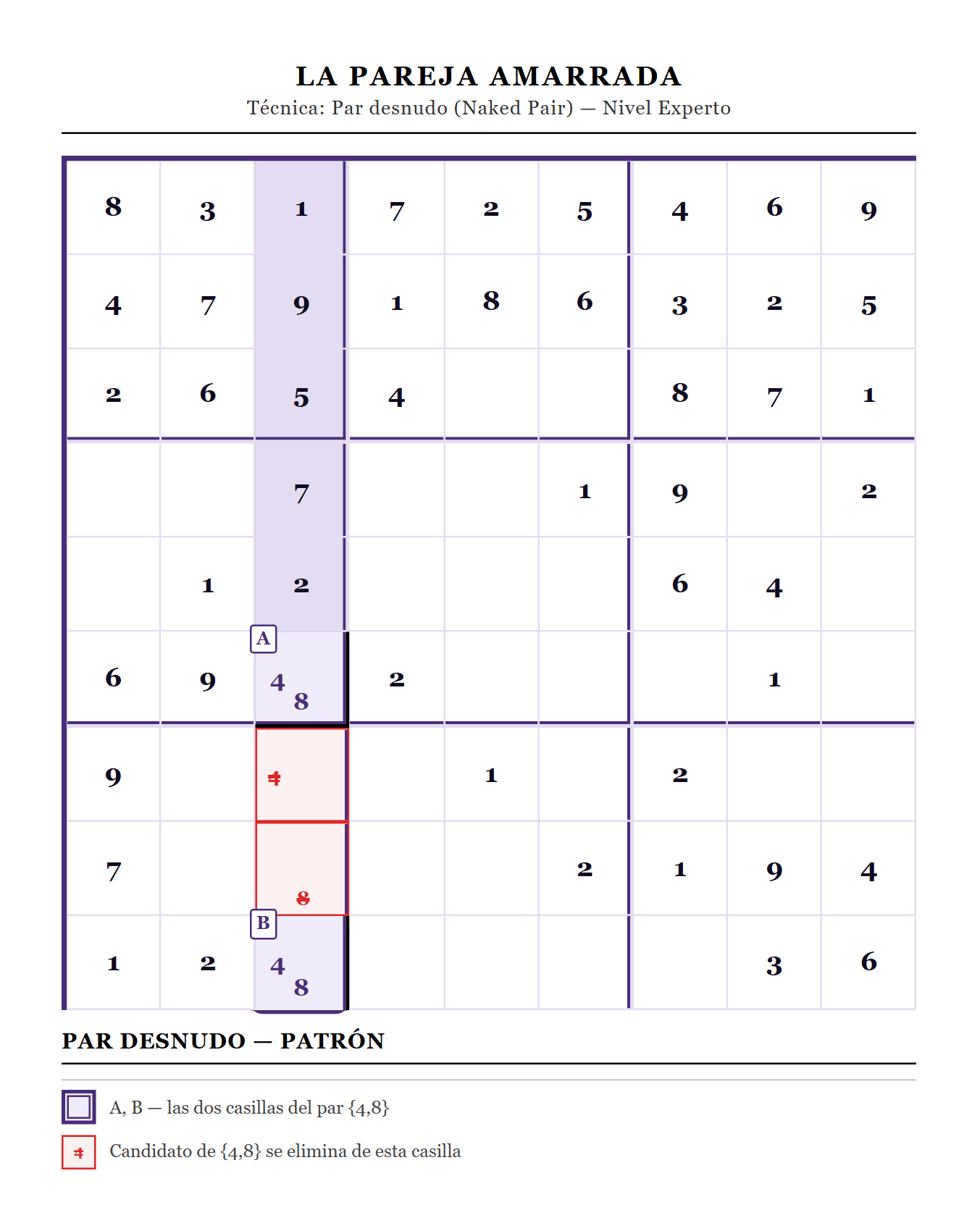 Diagrama a color de un Par Desnudo en sudoku: dos casillas con los mismos dos candidatos resaltadas en una columna