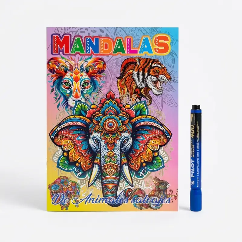 Revista de mandalas KIOSTRO junto a un marcador, para ver el tamaño real
