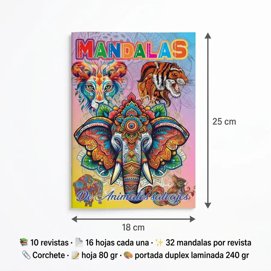 Revista de mandalas con sus medidas: 18 por 25 centímetros