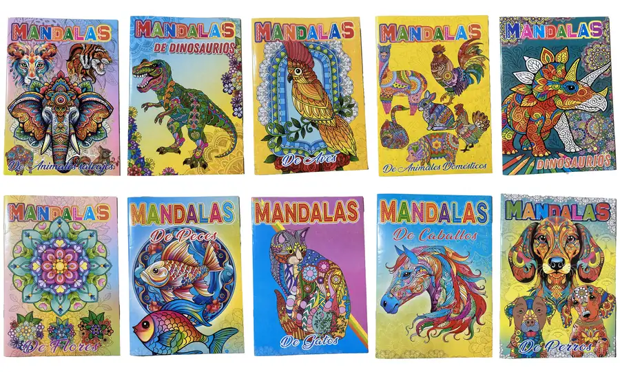 Las 10 tapas de las revistas de mandalas KIOSTRO, una junto a la otra