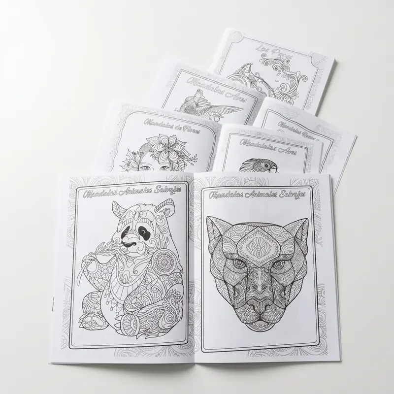 Interior de una revista de mandalas abierta, con la línea del dibujo sin colorear