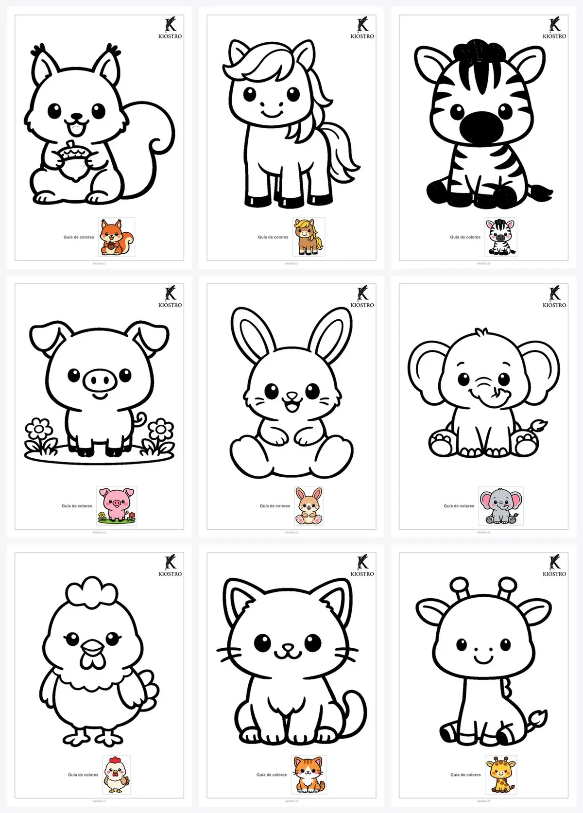 Dibujos de Animales para Colorear e Imprimir — Pack 24 Láminas PDF — 24 dibujos de animales para colorear e imprimir en PDF. Para niños desde 3 años, imprimibles en casa en hoja A4, con guía de colores. Descarga al instante por correo. Hechos en Chile. — KIOSTRO
