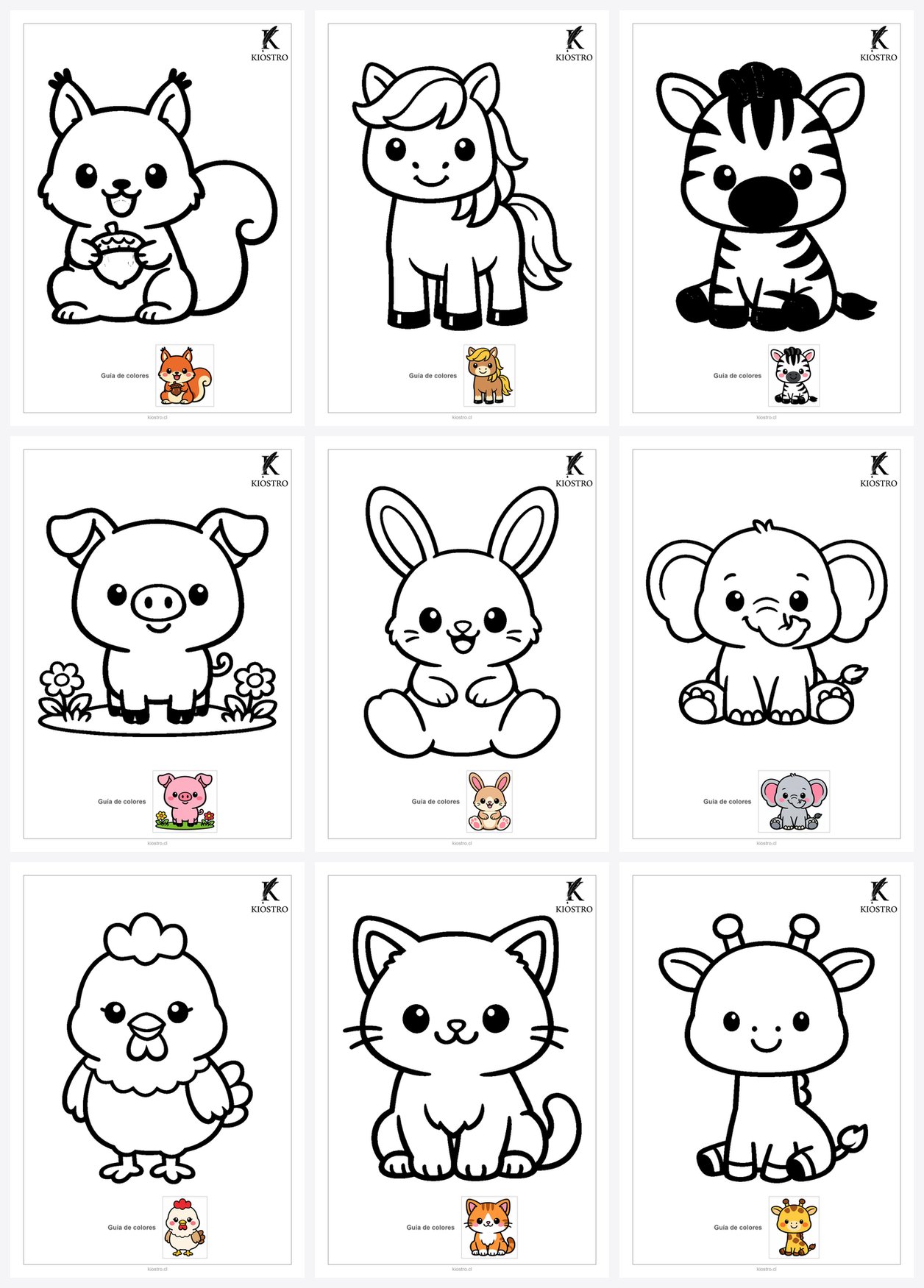 Dibujos de Animales para Colorear e Imprimir — Pack 24 Láminas PDF — 24 dibujos de animales para colorear e imprimir en PDF. Para niños desde 3 años, imprimibles en casa en hoja A4, con guía de colores. Descarga al instante por correo. Hechos en Chile. — KIOSTRO Chile