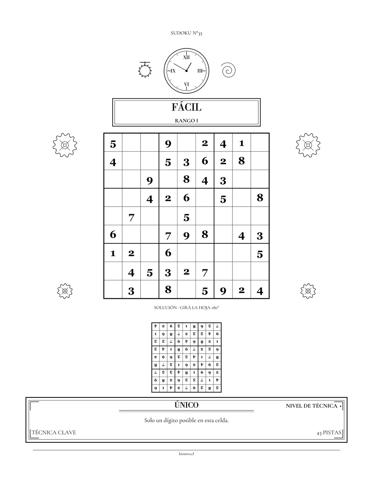 Pack 100 Sudokus para Imprimir PDF · Vol. 3 (fácil y medio) — 100 sudokus 9×9 en PDF para imprimir en casa, nivel fácil y medio (70+30), con la solución en la misma hoja, volteada 180° para revisar al tiro — KIOSTRO